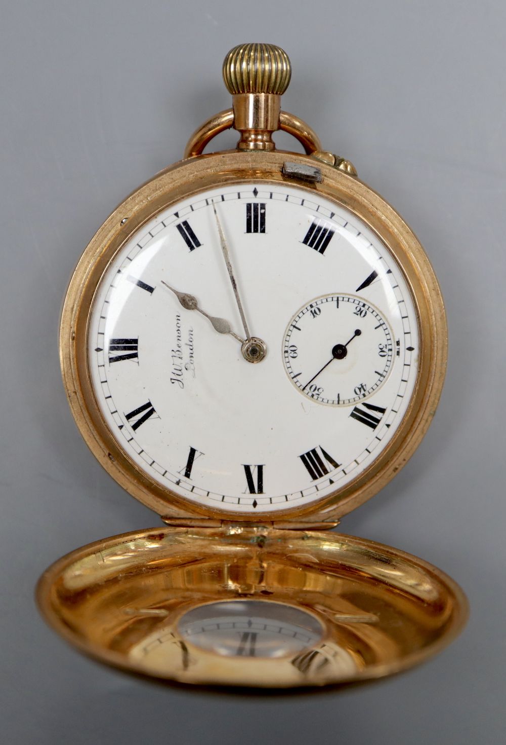 A Victorian 9ct gold J.W. Benson keyless lever half hunter pocket watch,
